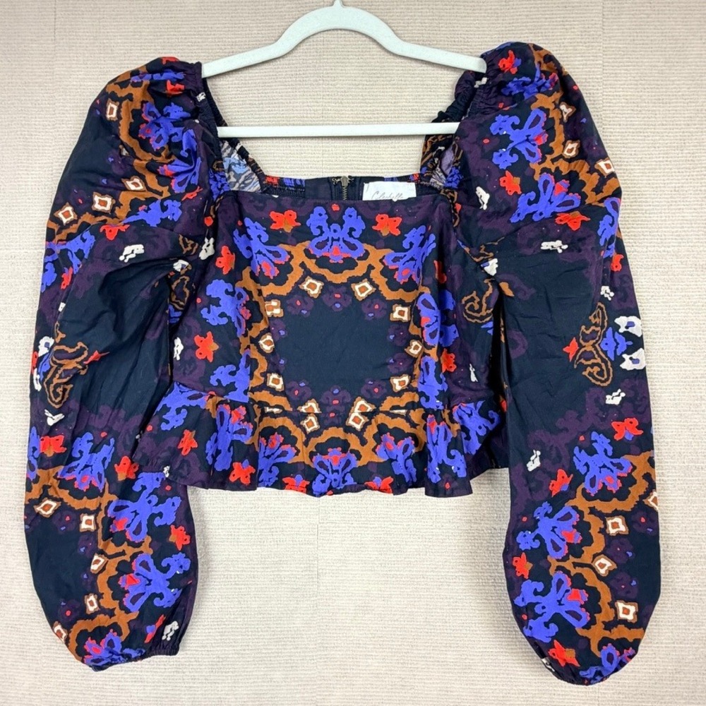 Cleobella Black Blue Multicolor Organic Cotton Puff Sleeve Crop Top M